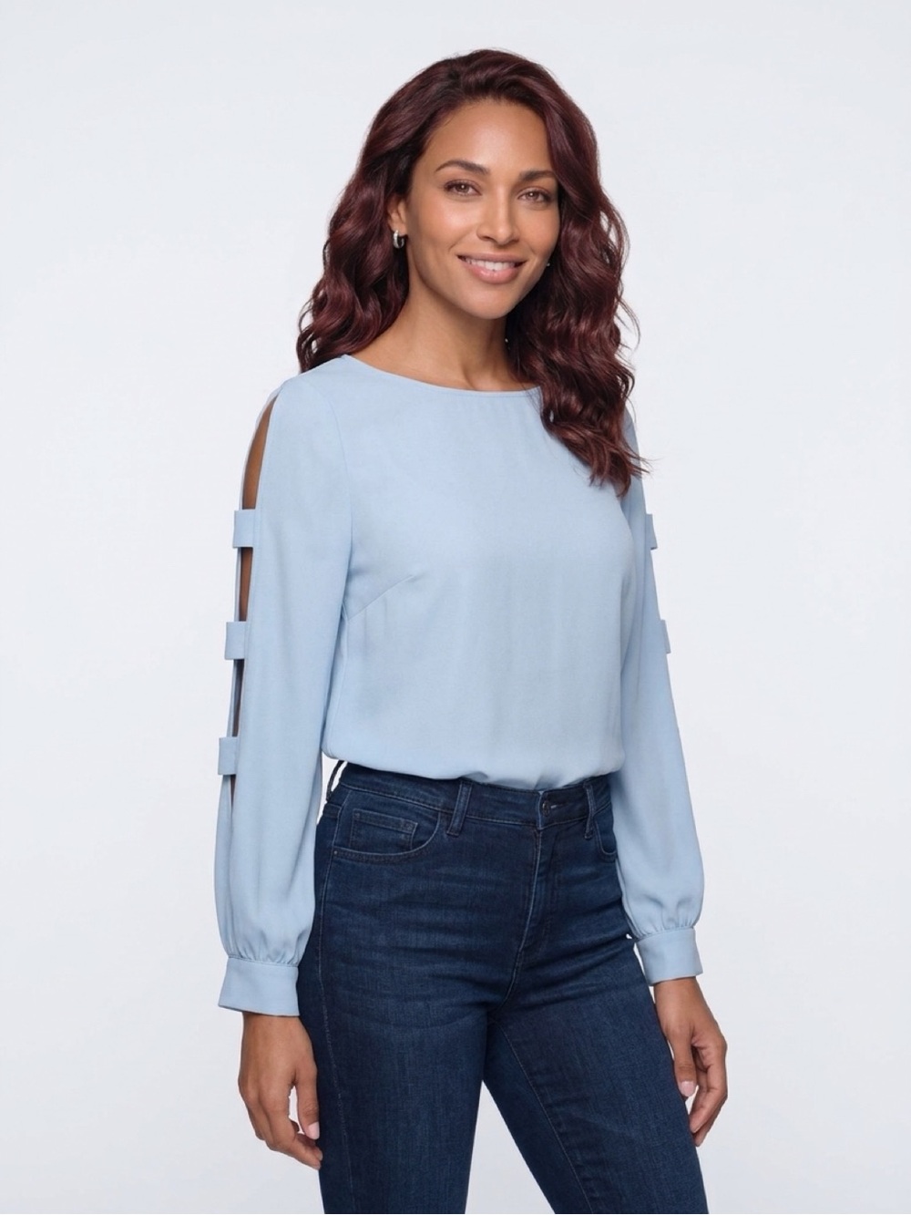 Tahari Women’s S/P Antique Blue Cutout Sleeve Blouse NWT $88